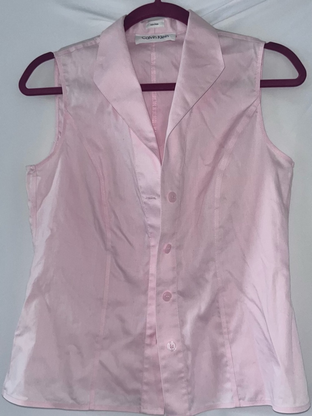 Calvin Klein Light Pink Sleeveless Pink Button-Down Blouse Front Workwear Top